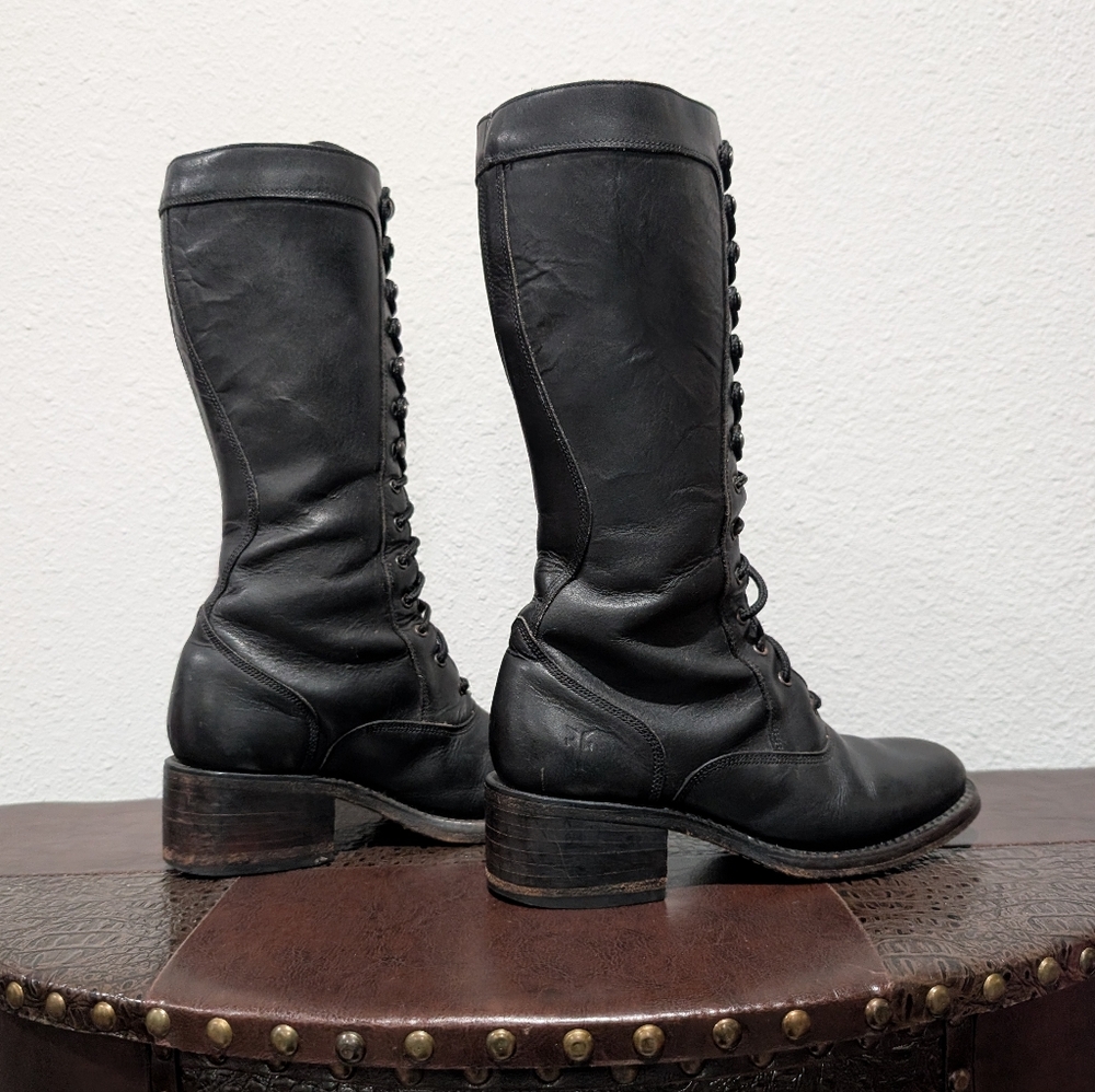 Rare Frye Campus Lug Vintage Lace Up Knee-High Black Antique Leather Boot Size 6 - Picture 7 of 15